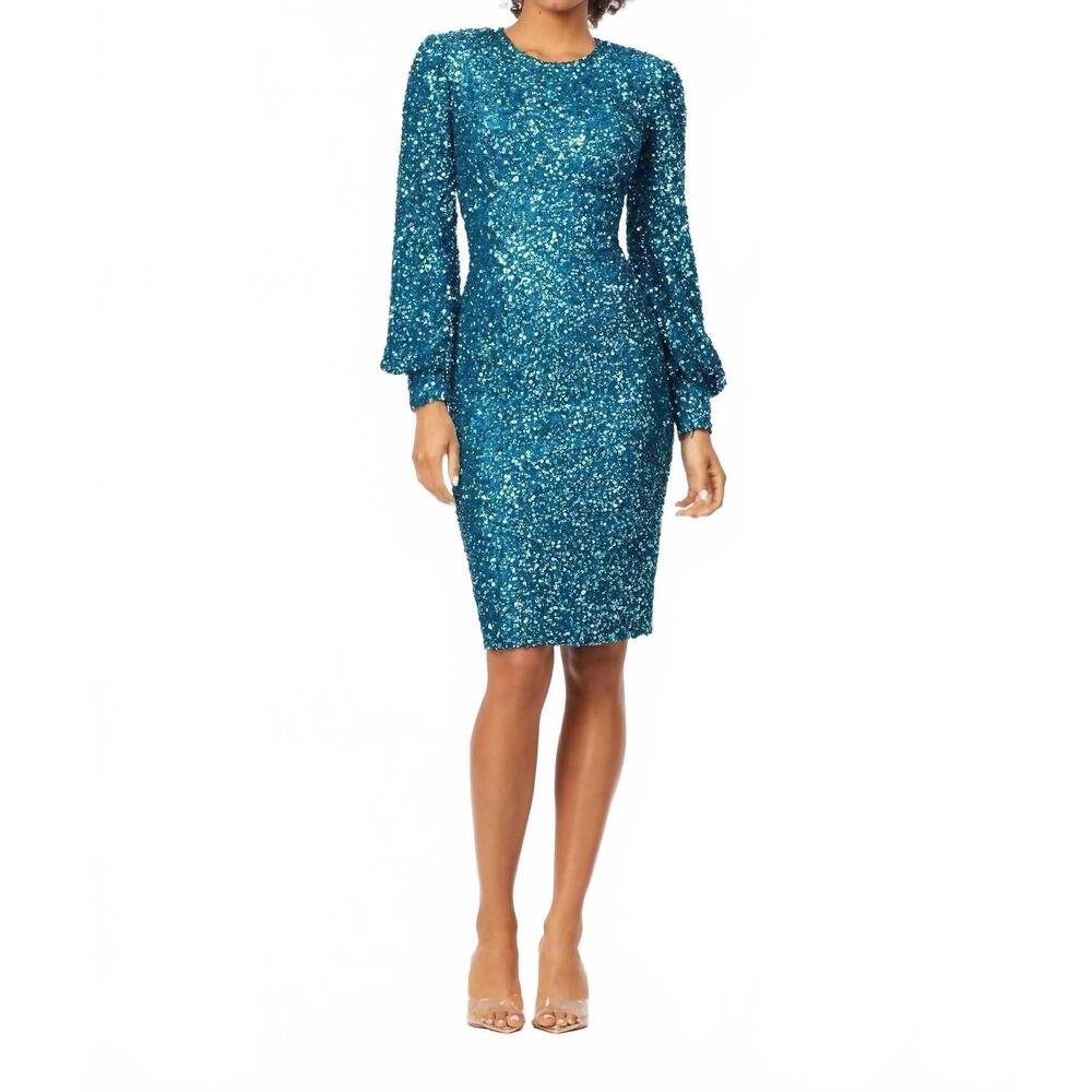 NEW ASHLEYLAUREN bishop long sleeve sequin cocktail dress in peacock